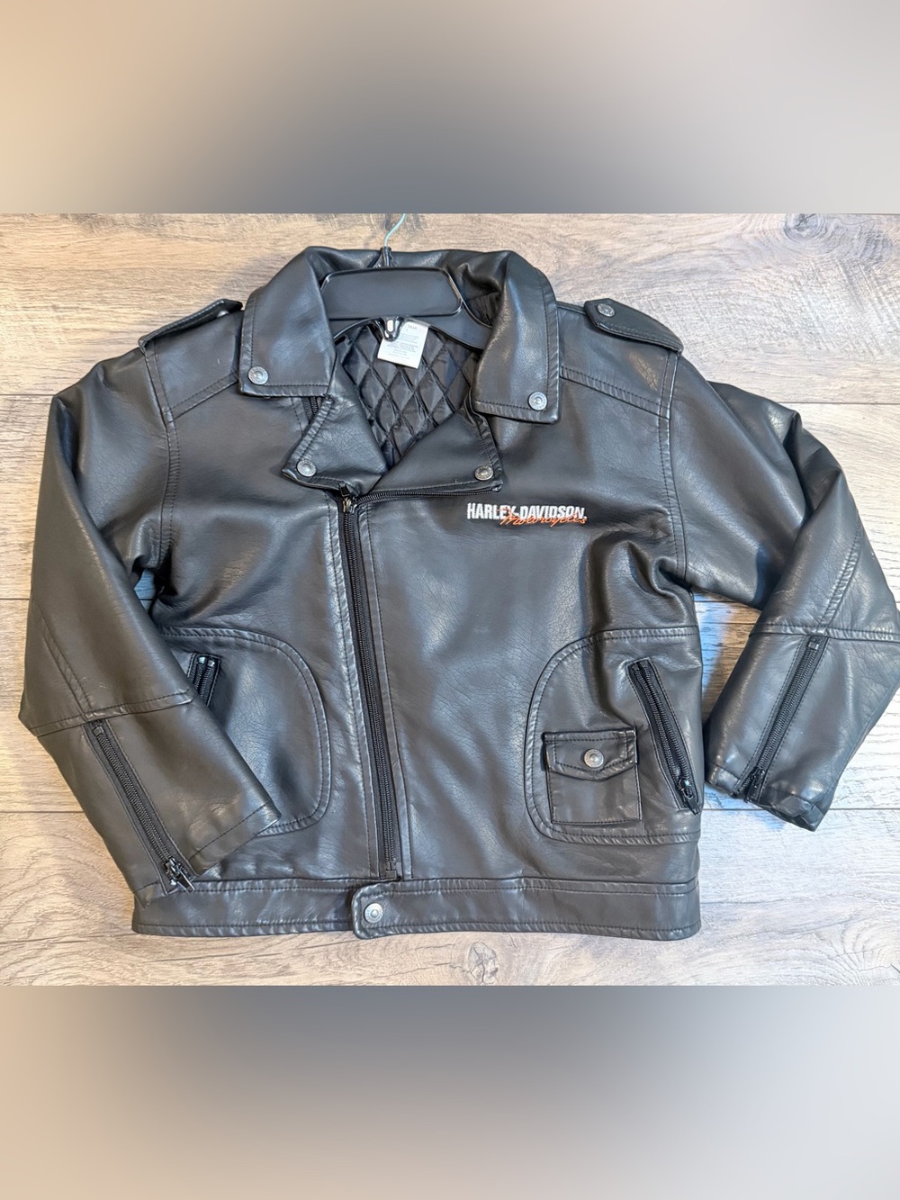 Harley-Davidson Kids Black Faux Leather Moto Jacket with Orange Logo